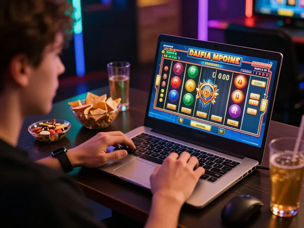 Engaging in mpoid slot game at home, showcasing online gambling excitement.
