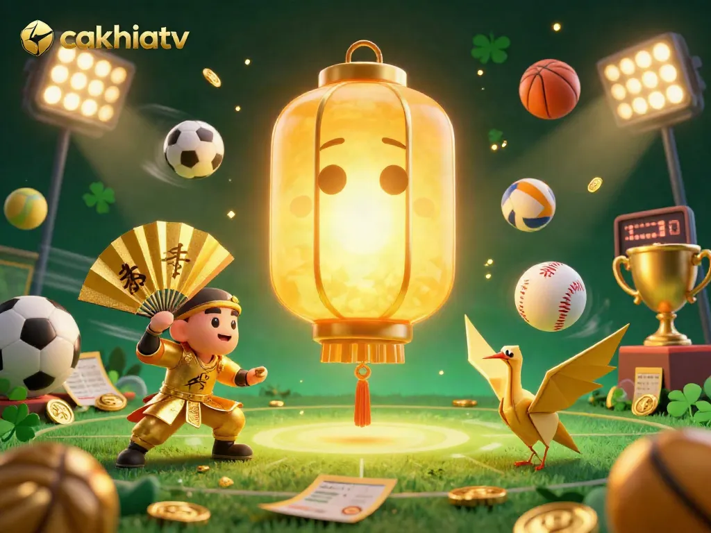 Experience exciting sports betting with cakhiatv's vibrant 3D illustration featuring dynamic game elements.