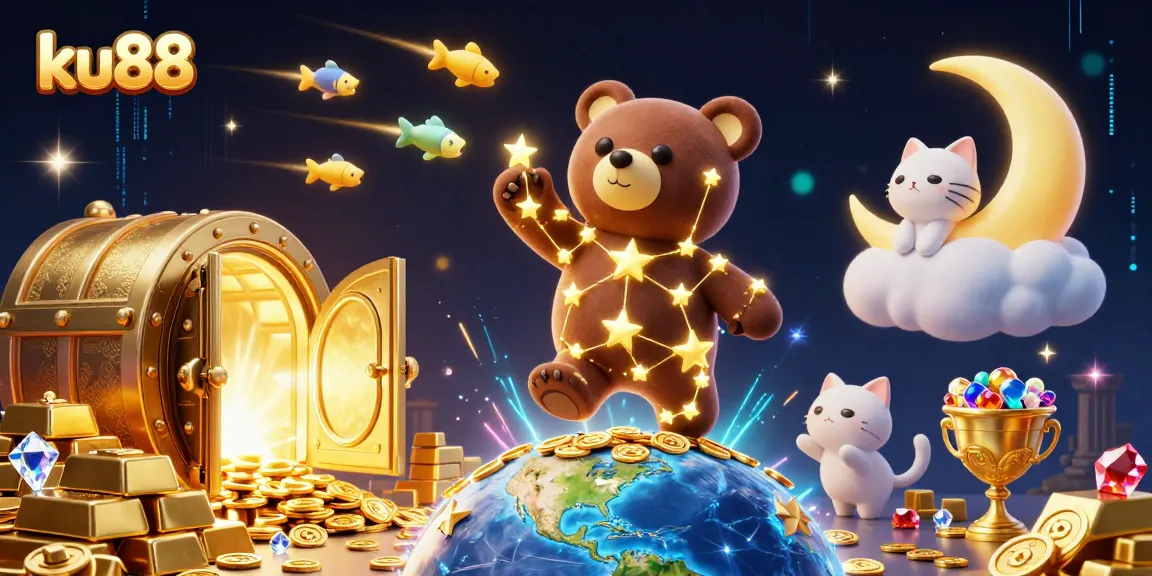 ku88 illuminates winnings with rich treasures and vibrant cosmic characters in a dynamic casino scene