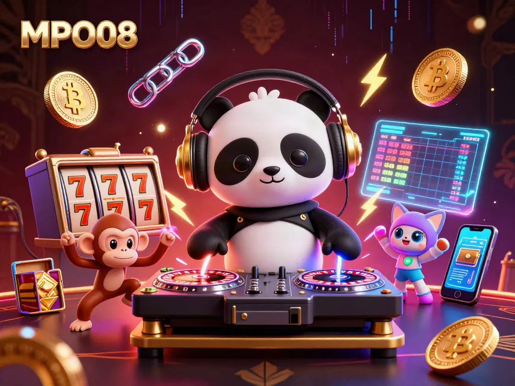 MPO08 showcases a lively casino scene with cartoon characters, slot machines, and cryptocurrency elements.