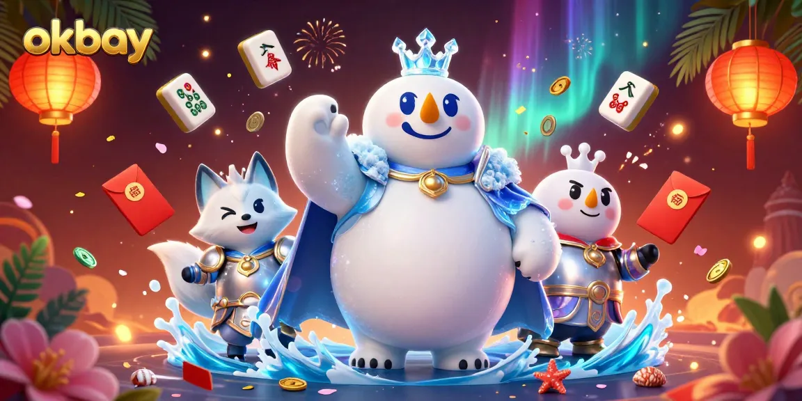 Experience okbay with thrilling casino action, featuring a king polar bear and snow fox in a vibrant, festive atmosphere.