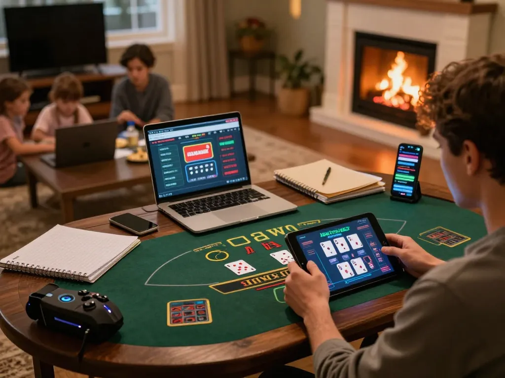 Giocatore impegnato nel blackjack con dealer dal vivo utilizzando un bookmaker non AAMS in un accogliente ambiente domestico.