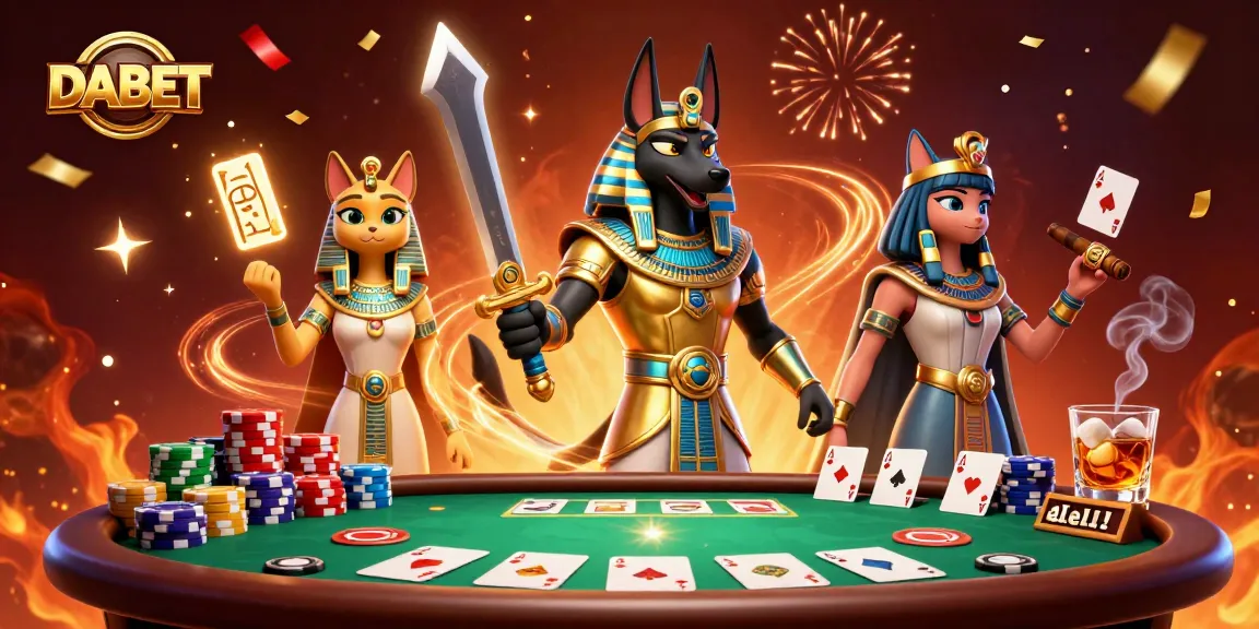 DABET poker scene featuring Anubis and Bastet with vibrant casino elements and layered confetti.