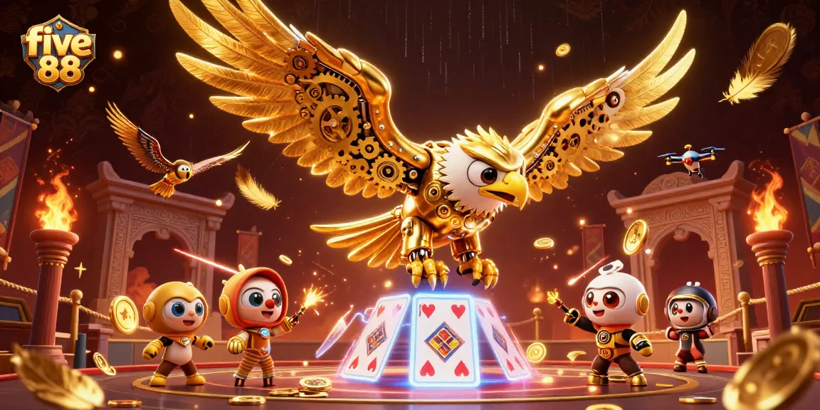 Experience the thrill of winning at five 88 with dazzling holographic cards and a cybernetic eagle.