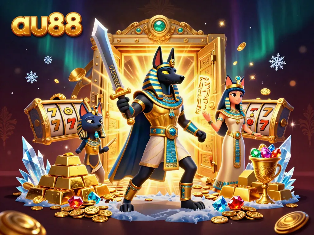 Experience the thrill of gaming with au88 featuring Anubis and treasure in a dynamic casino scene.