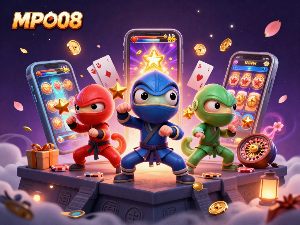MPO08 showcases a vibrant 3D scene of ninja chameleons in action, surrounded by lively slot game elements.