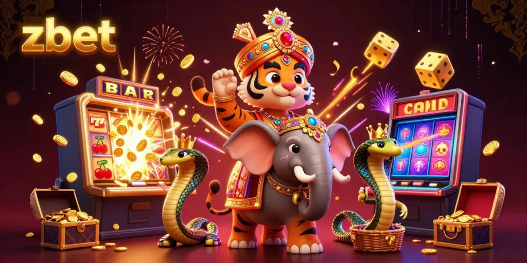 Experience the vibrant energy of Zbet with a spectacular jackpot celebration featuring a tiger, elephant, and cobra amidst dazzling casino elements.