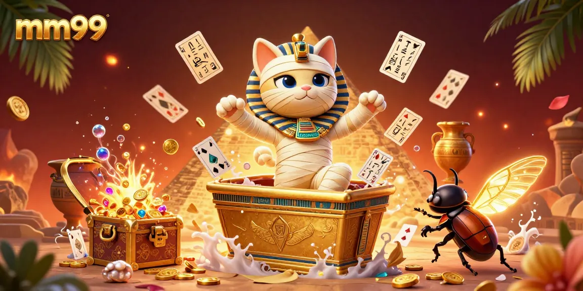 Experience mm99 with a vibrant 3D illustration of a mummy cat and a scarab beetle in a dynamic casino scene.