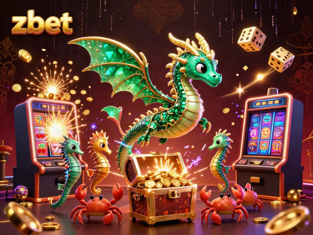 ZBET gaming scene with a vibrant dragon, treasure chest, and jackpot elements bursting with excitement.