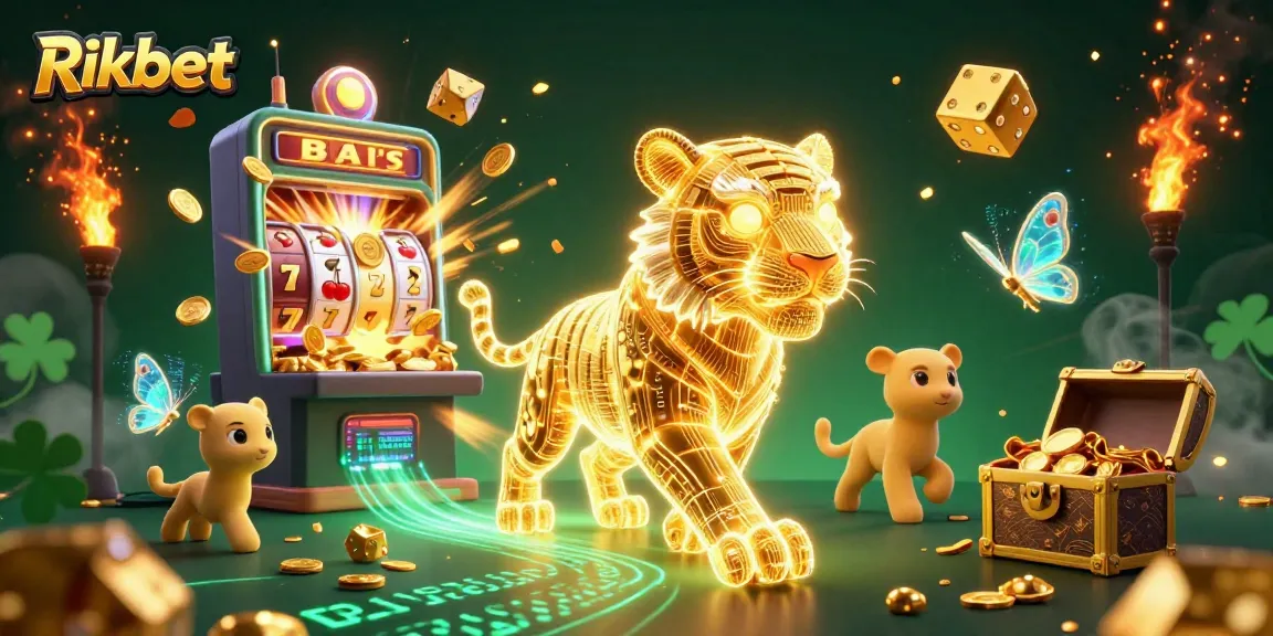 Rikbet showcases a neon tiger in a vibrant digital casino bursting with jackpots and golden treasures.