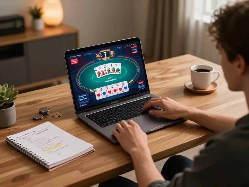 Engaging in online poker gaming on jun88 platform at home, showcasing winning strategies