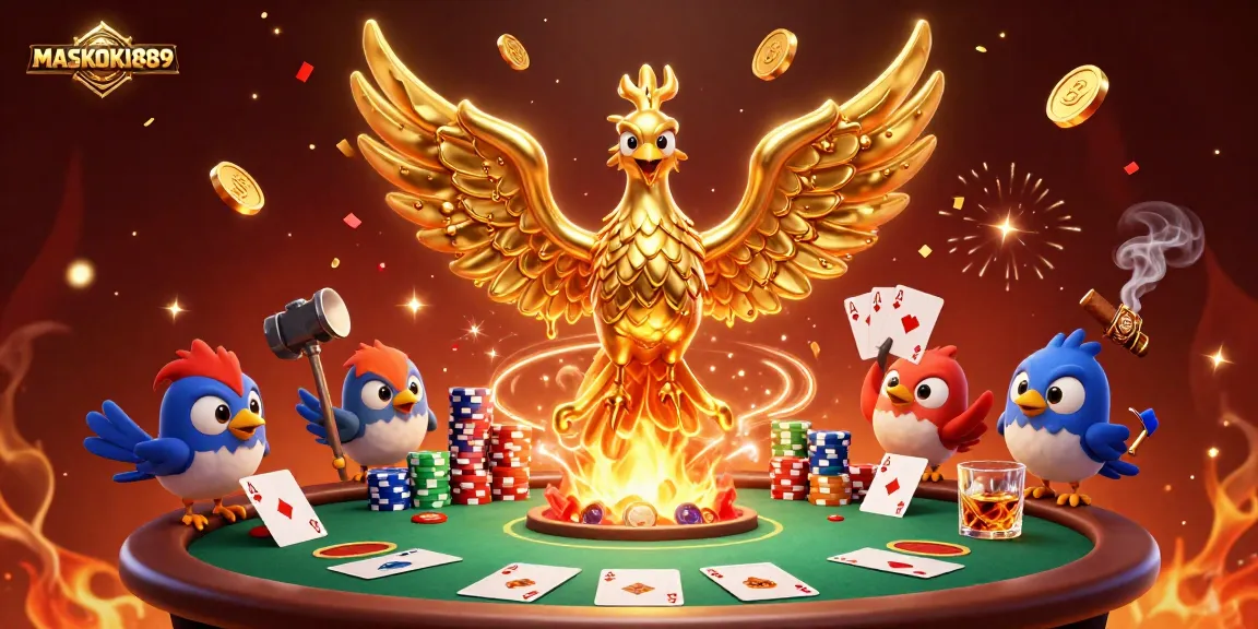 Explore the thrilling action of MASKOKI889 with a molten golden phoenix and vibrant poker scene!