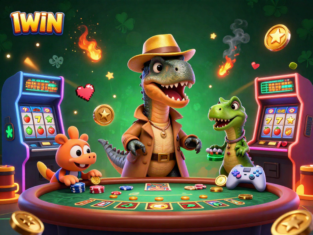 IWIN casino scene featuring a velociraptor card counter and a stegosaurus pit boss amidst vibrant slot games and arcade elements.