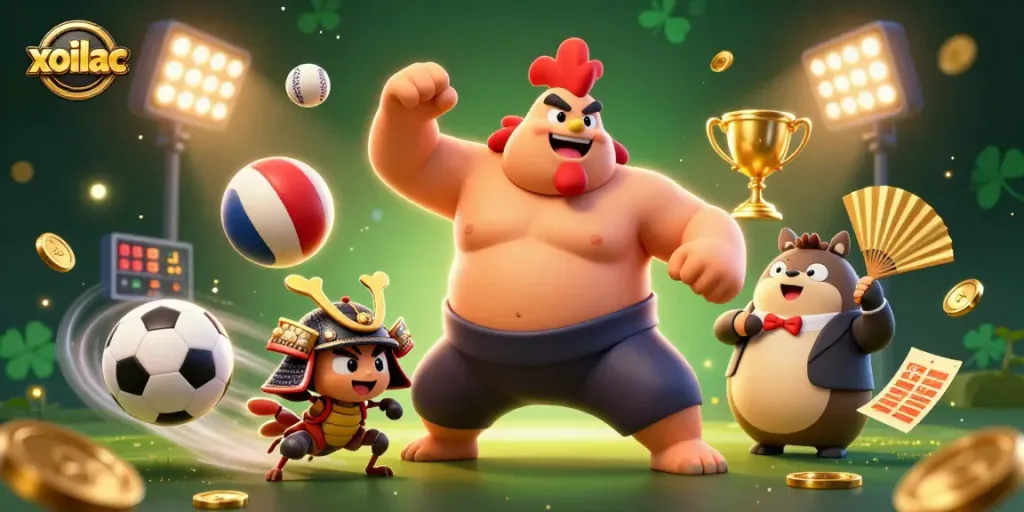 Xoilac showcases a thrilling gambling scene with an energetic sumo rooster and sports elements.
