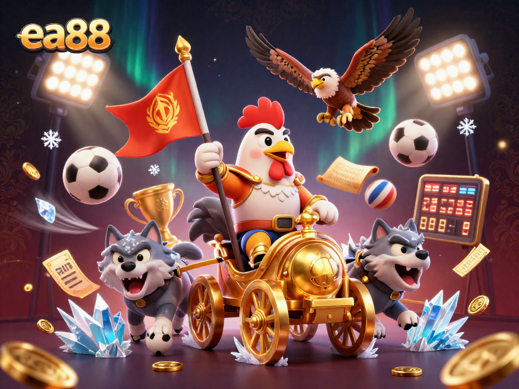 Join the action at ea88 with this vibrant casino-themed 3D illustration showcasing a rooster warlord and fierce wolves.