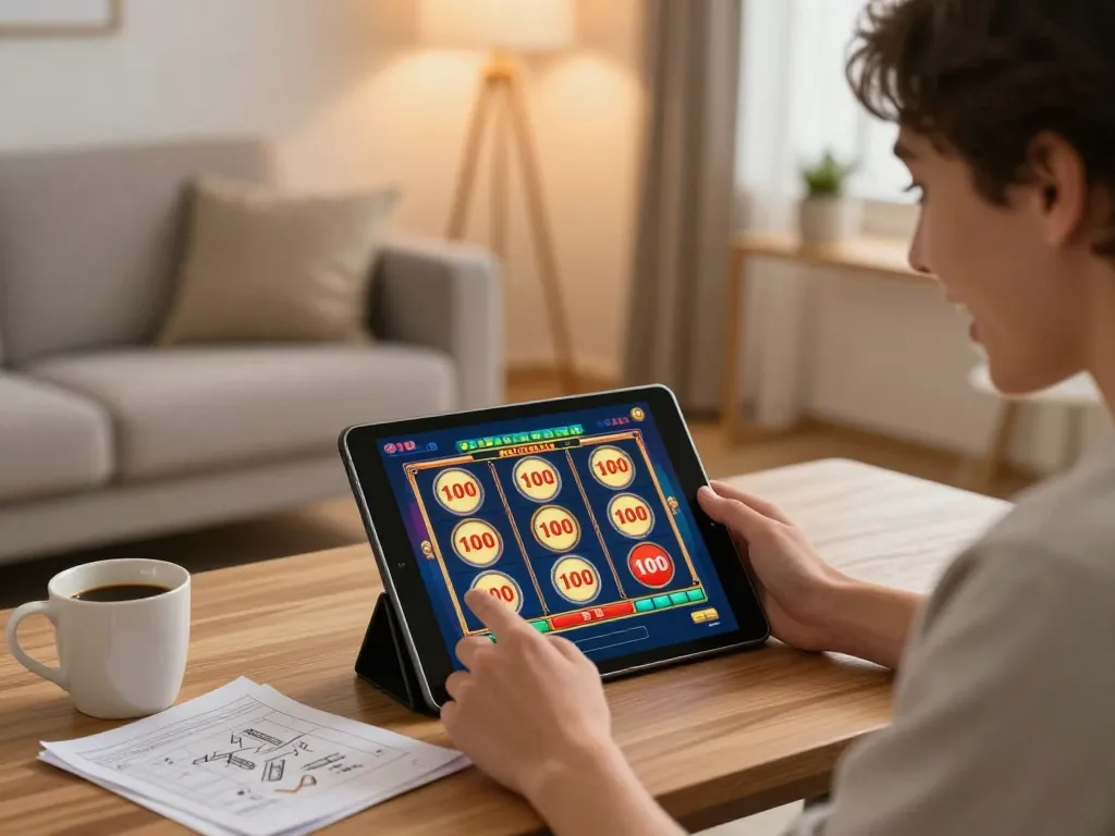 Engaging with slot bet 100 on a tablet in a cozy home gaming setup.