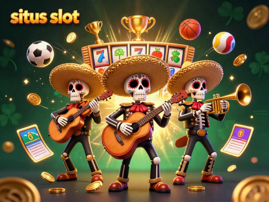 Engage with situs slot through a vibrant illustration of the Day of the Dead mariachi band in a colorful casino scene.