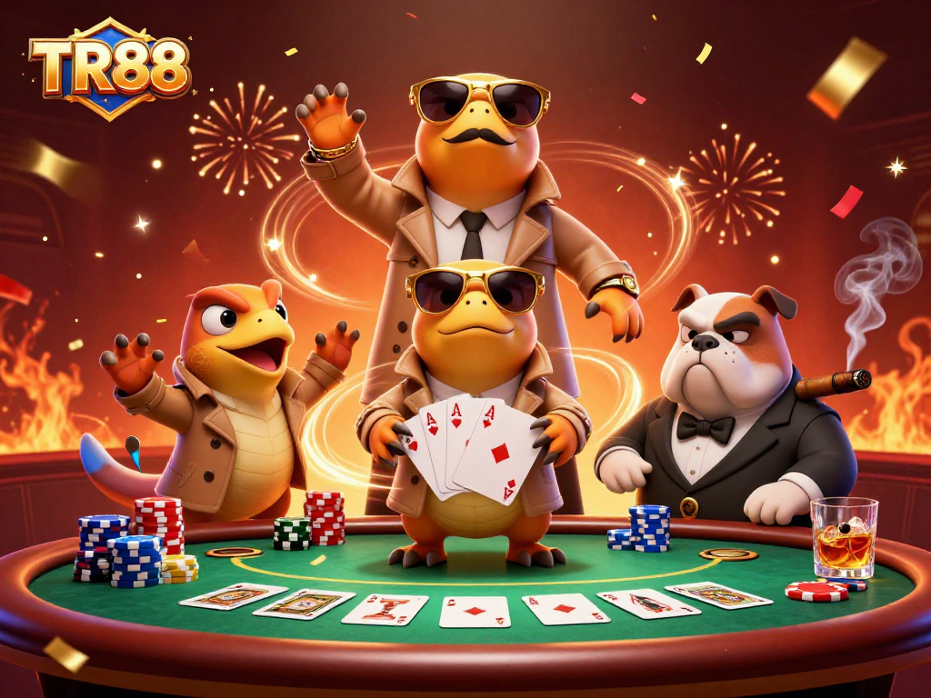 TR88 players attempt a clever heist at a casino, with vibrant poker elements and confetti.