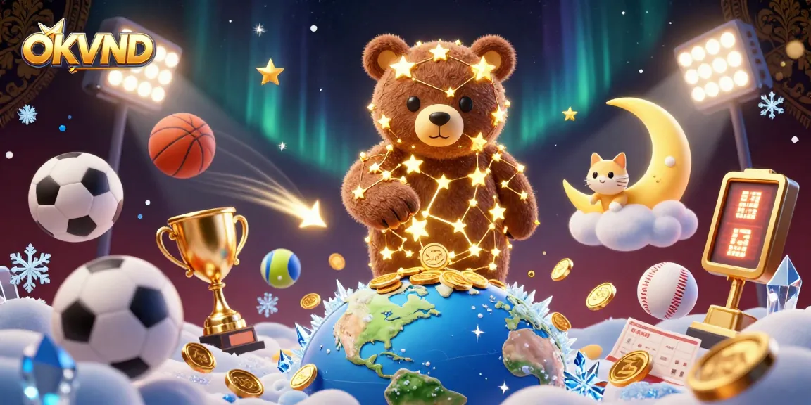 Engaging scene of OKVND with golden star bear scooping coins amid sports betting elements.