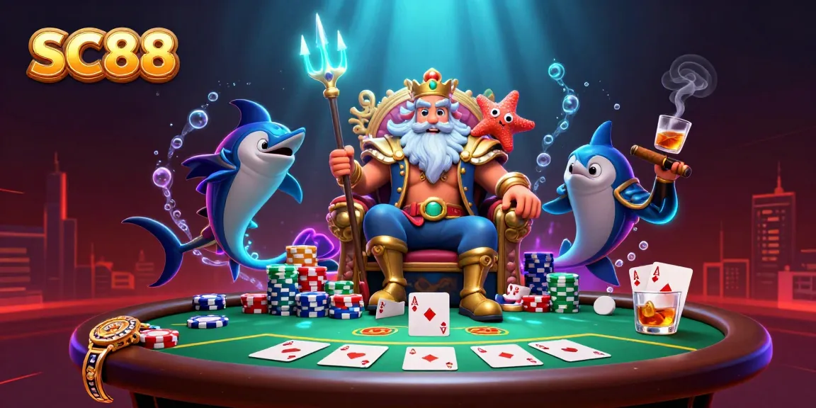 SC88 offers an exciting poker night with Neptune and vibrant casino elements in a stunning underwater scene.
