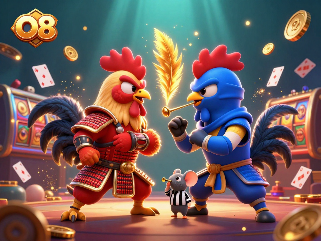 O8 spreads excitement with a dynamic showdown of fighting roosters and vibrant casino elements.