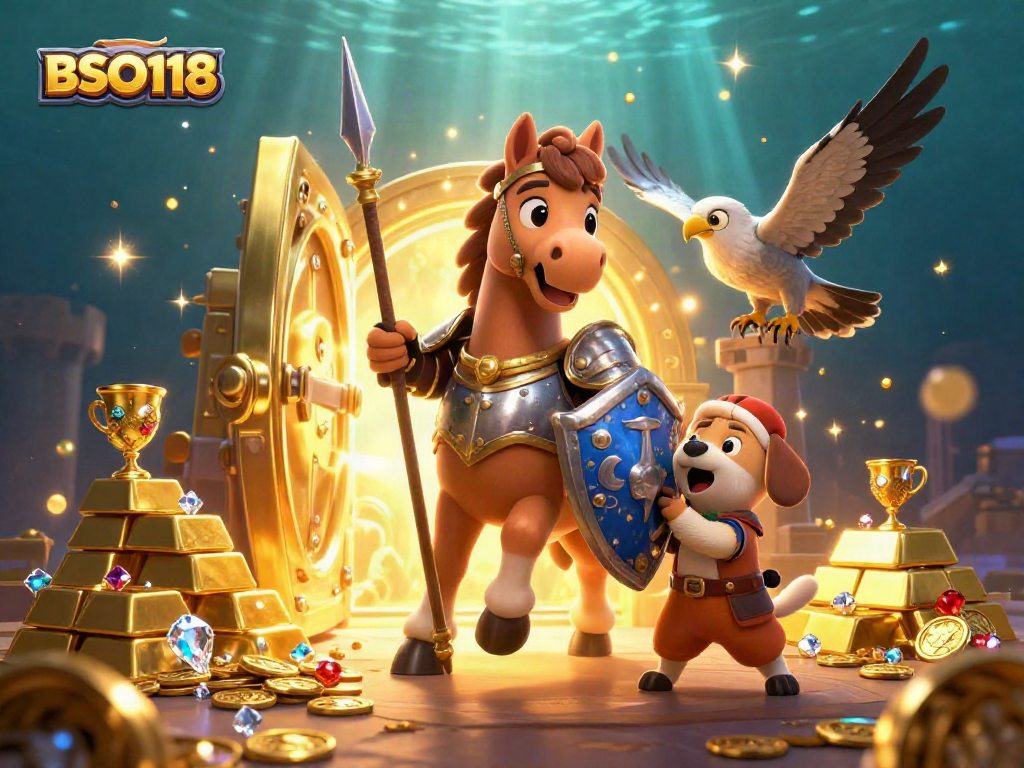 Experience excitement at BSO118 with a medieval knight, squire puppy, and treasure-filled scene.