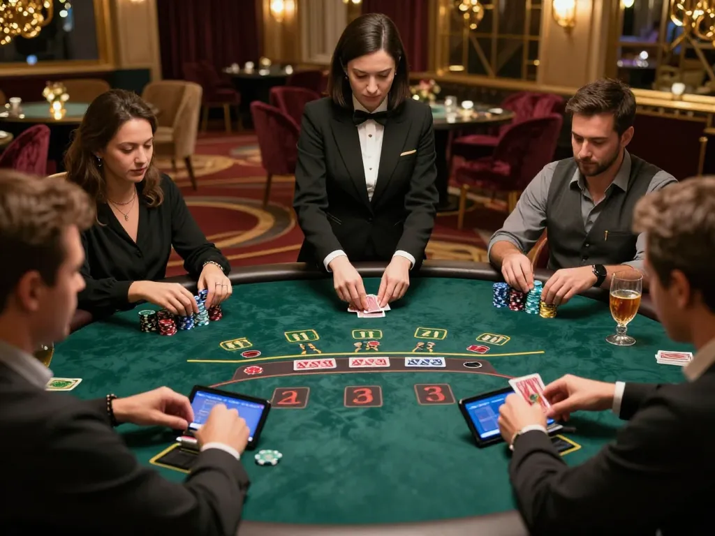 Players engaging intensely in a blackjack game at LLWIN's upscale live casino, with strategic moves in a luxurious atmosphere