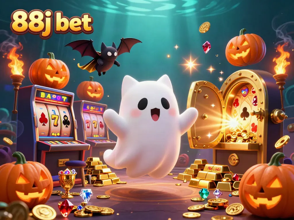 Engage in thrilling casino gameplay with 88j bet featuring a ghost cat amidst dazzling slots and treasures.