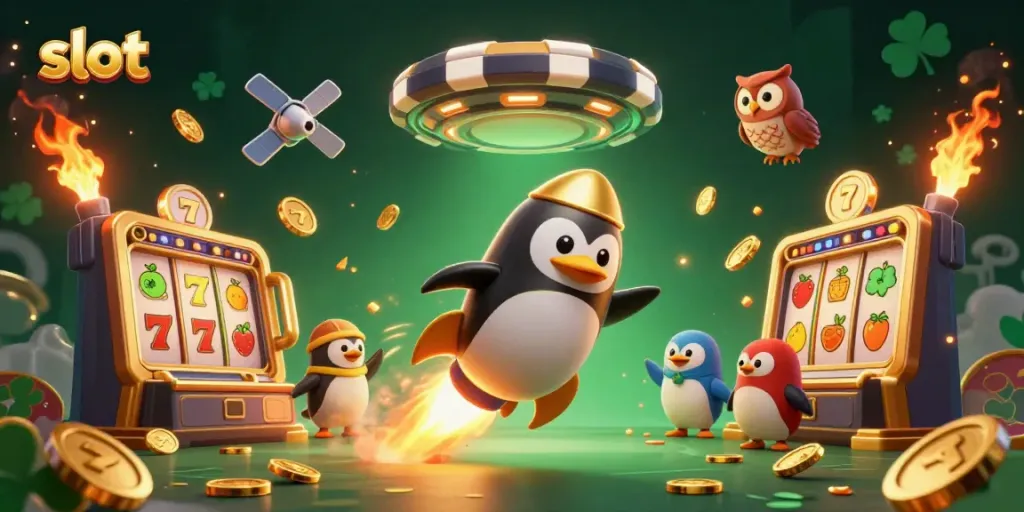 Experience thrilling slot gaming adventures with a vibrant 3D penguin character and slot machine elements.
