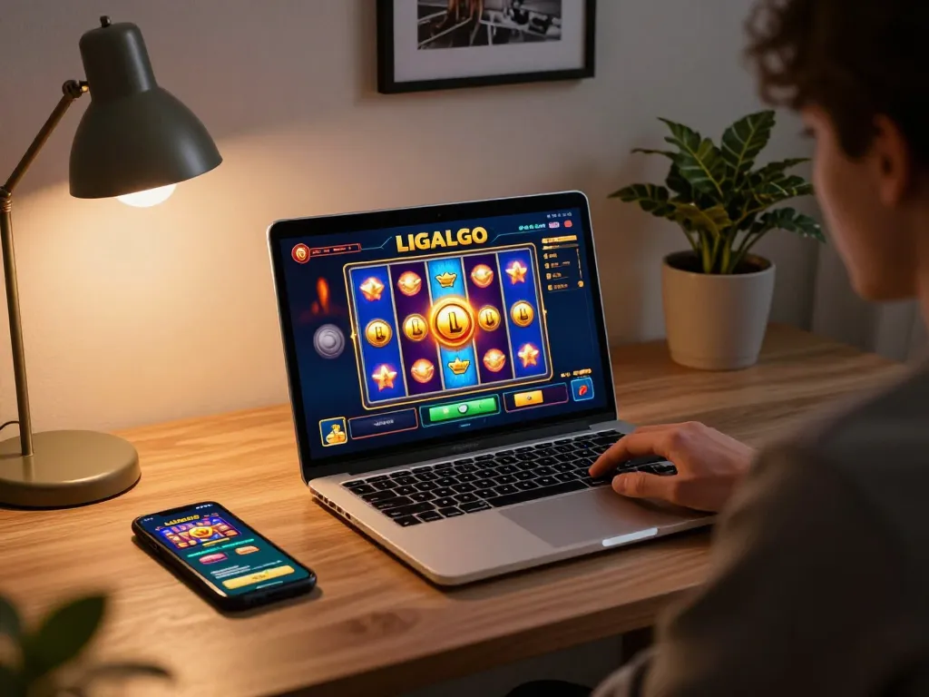 LIGALGO Slot gameplay on a laptop with vibrant graphics in a cozy home setting.
