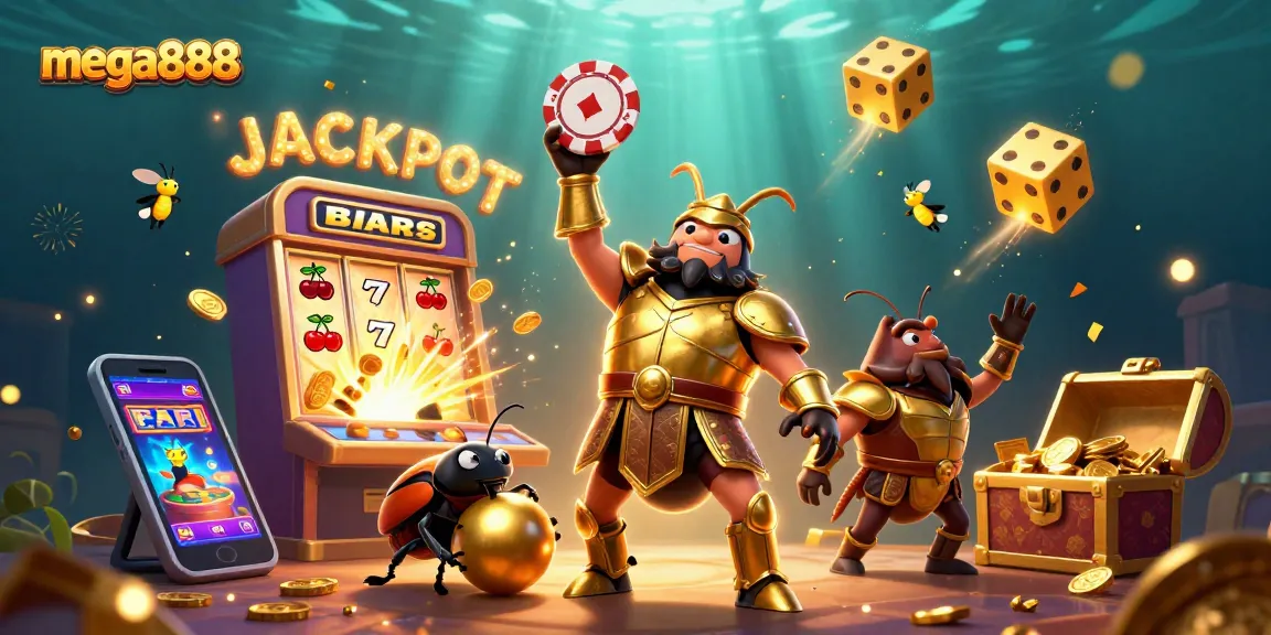 Experience the mega888 jackpot with a 3D beetle champion and vibrant casino elements!