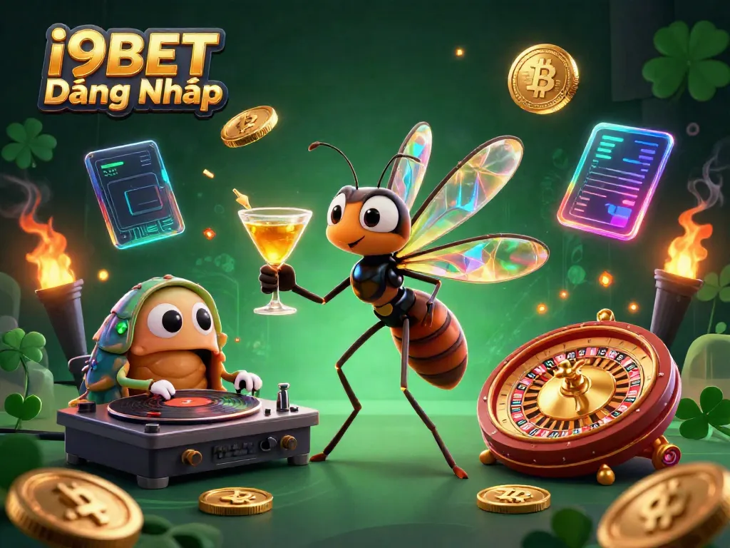 Experience i9BET Đăng Nhập with vibrant 3D casino mascots showcasing golden cocktails and digital currencies.