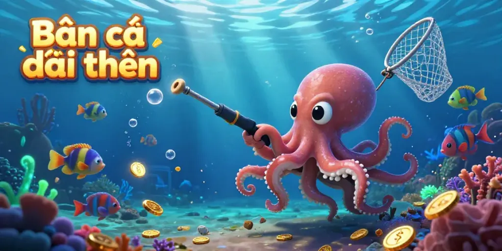 Engage in the thrilling Bắn cá đổi thưởng adventure, as colorful fish and prizes abound in this dynamic underwater illustration.