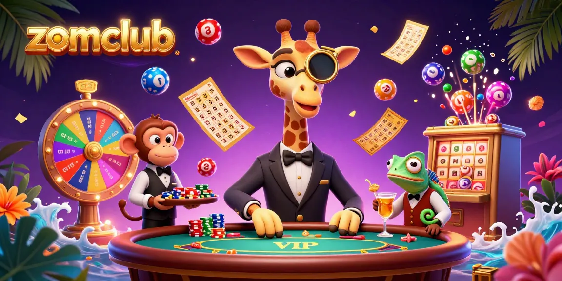 Zomclub players enjoy a vibrant 3D casino scene featuring a high-roller giraffe at a poker table amidst a dynamic celebration.