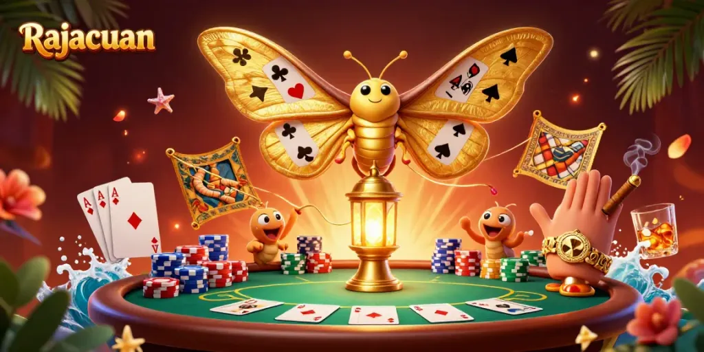 Experience the excitement of Rajacuan gaming with vibrant 3D illustration featuring casino elements.