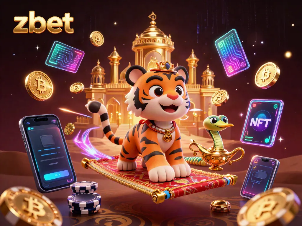 Experience the vibrant world of zbet with an Arabian-themed illustration showcasing gaming elements and crypto.