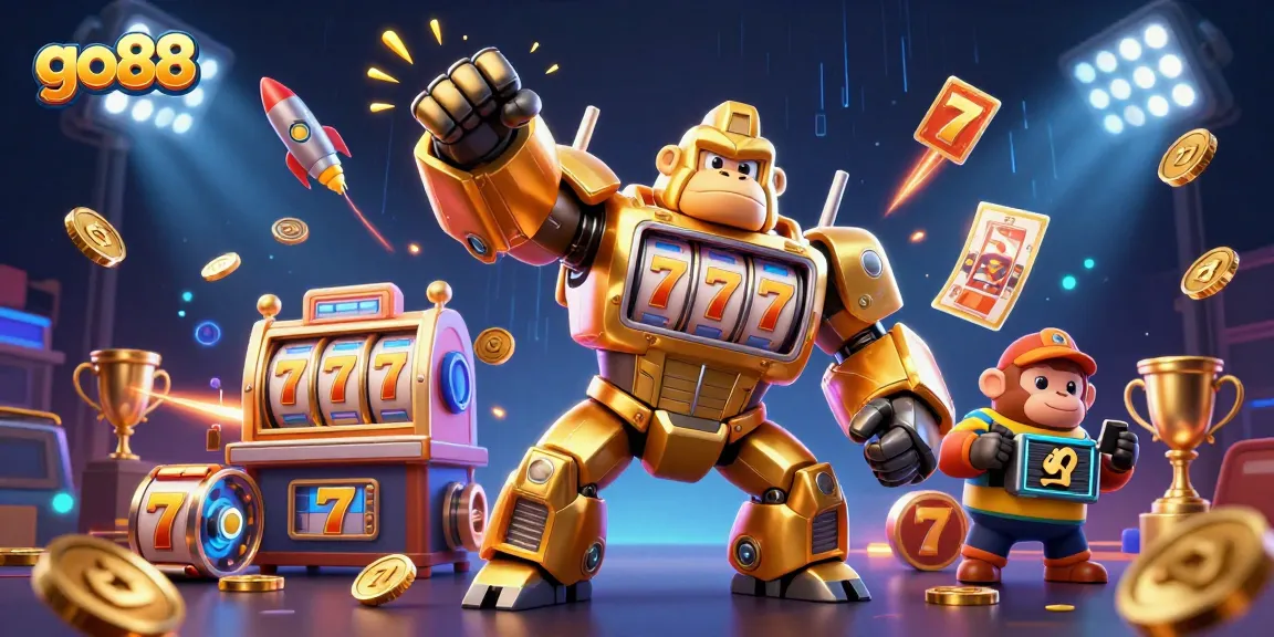 Experience thrilling gameplay at go88 with unique golden gorilla mech action in this dynamic casino illustration.