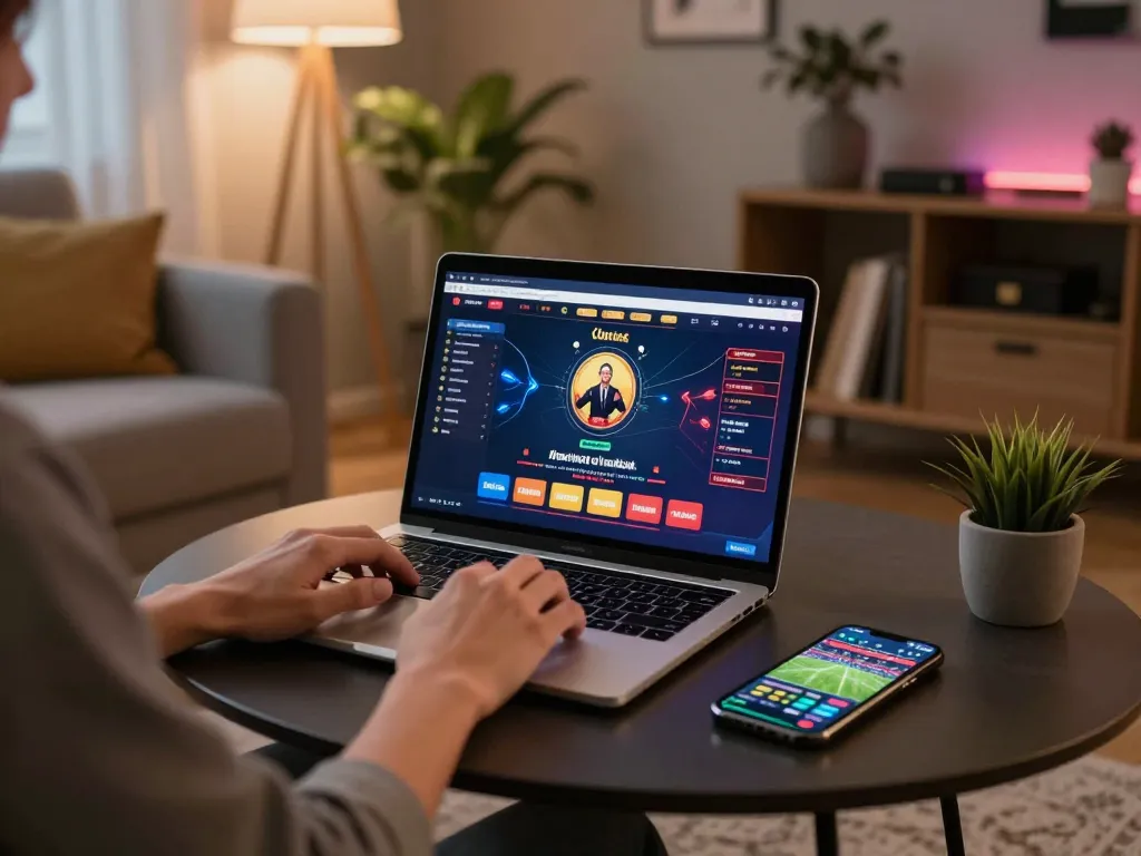 Engaged player on gg88 brilliantly navigating online casino games from a cozy home, illustrating strategic gameplay