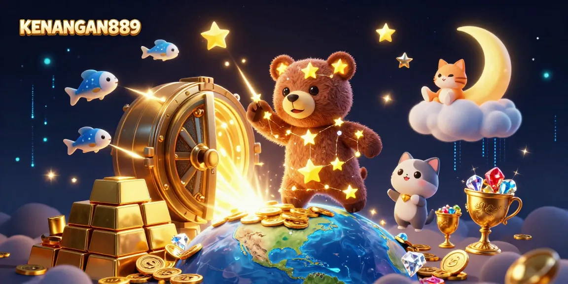 KENANGAN889 showcases a vibrant, dynamic casino scene packed with treasures and whimsical characters.