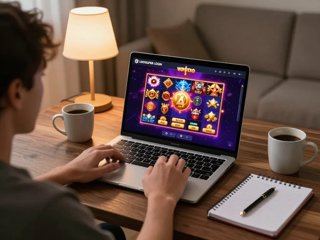 Engaging gameplay on LGOSUPER LOGIN interface during a cozy home gaming session.