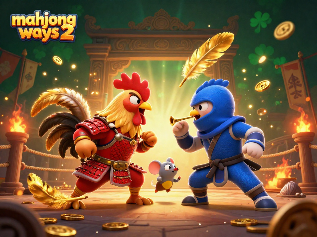 Experience mahjong ways 2 in this dynamic scene with roosters and golden elements in a vibrant casino setting.