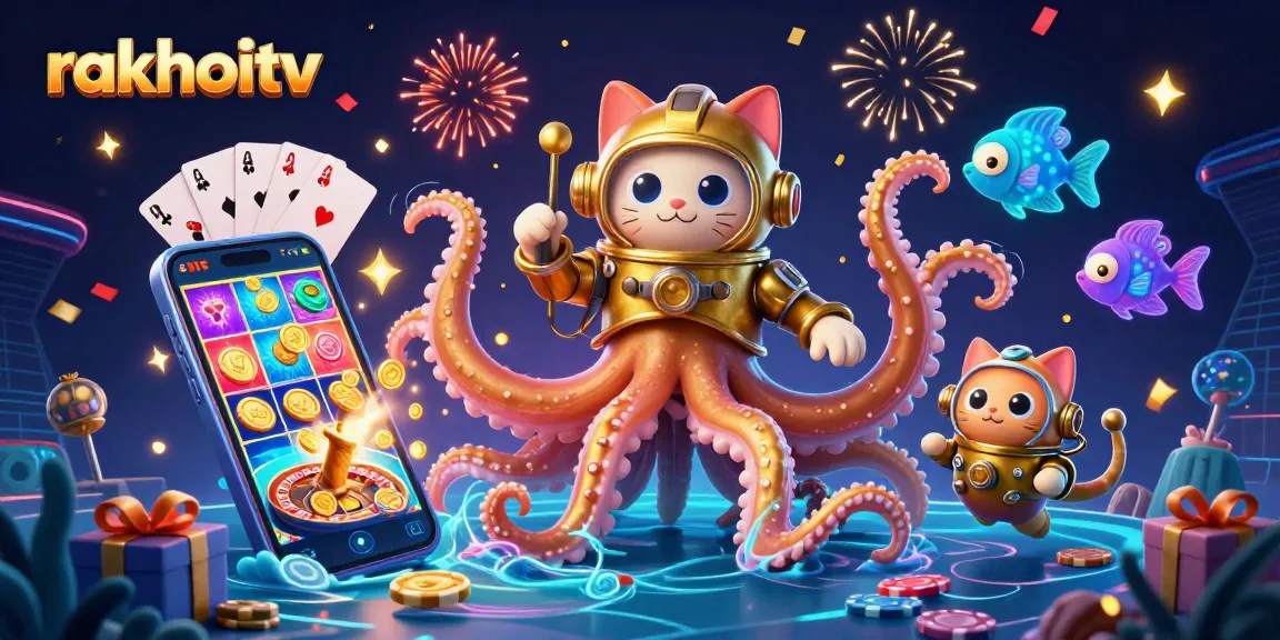 Experience the excitement of rakhoitv with a dynamic kraken and diving cat in a vibrant casino scene