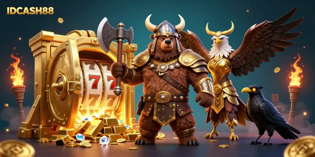 Join the fun at IDCASH88, where a Viking bear and Valkyrie eagle celebrate big wins amidst golden gaming treasures.