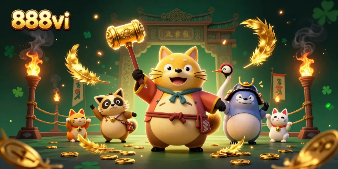 Engage with 888vi gaming, featuring a colorful tanuki character celebrating with luck-bringing cat companions.