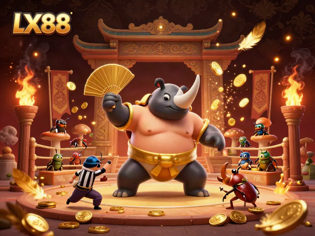 Experience thrilling gameplay with LX88 featuring a unique sumo beetle champion surrounded by dynamic casino elements.