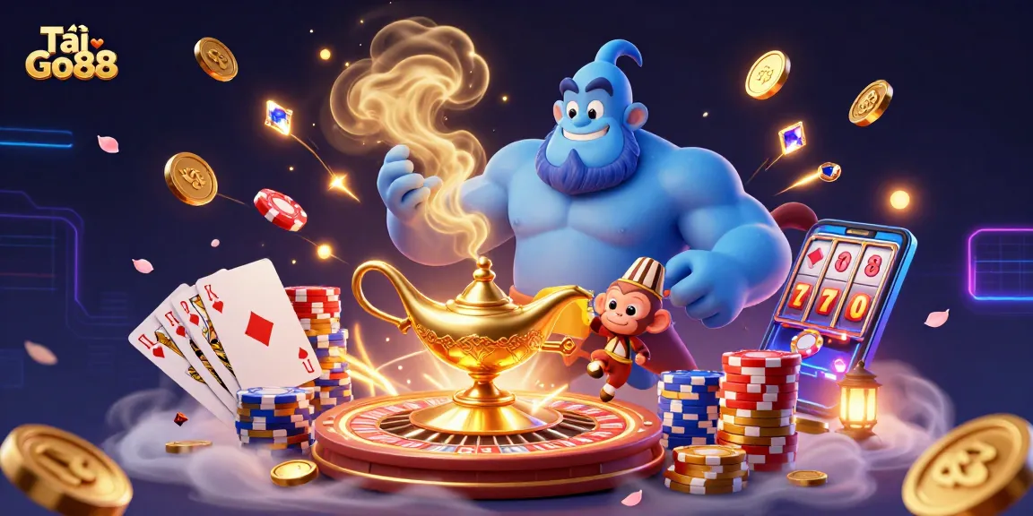 Tải Go88: Experience a vibrant 3D casino scene with magical elements, gold coins, and poker chips.