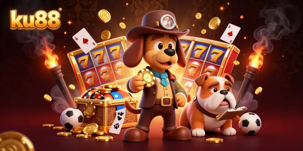 Engage in thrilling games at ku88 with vibrant casino elements, featuring a detective and his bulldog.