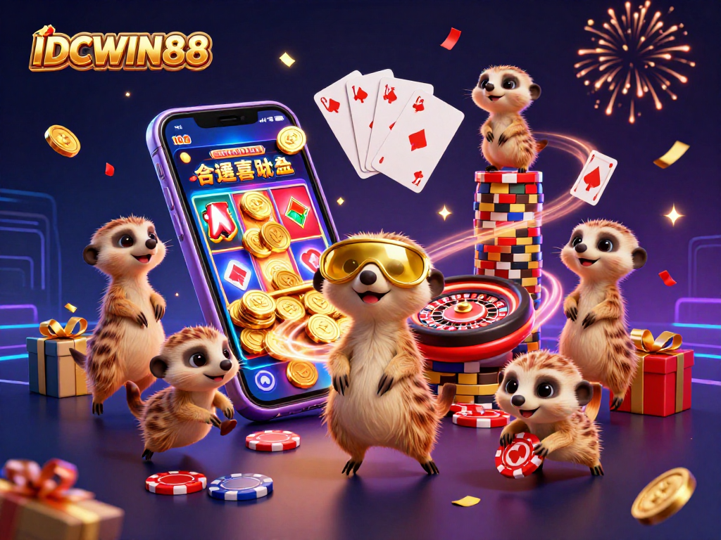 Engage in thrilling gaming at IDCWIN88 with meerkat dealers, slot games, and festive casino ambiance.