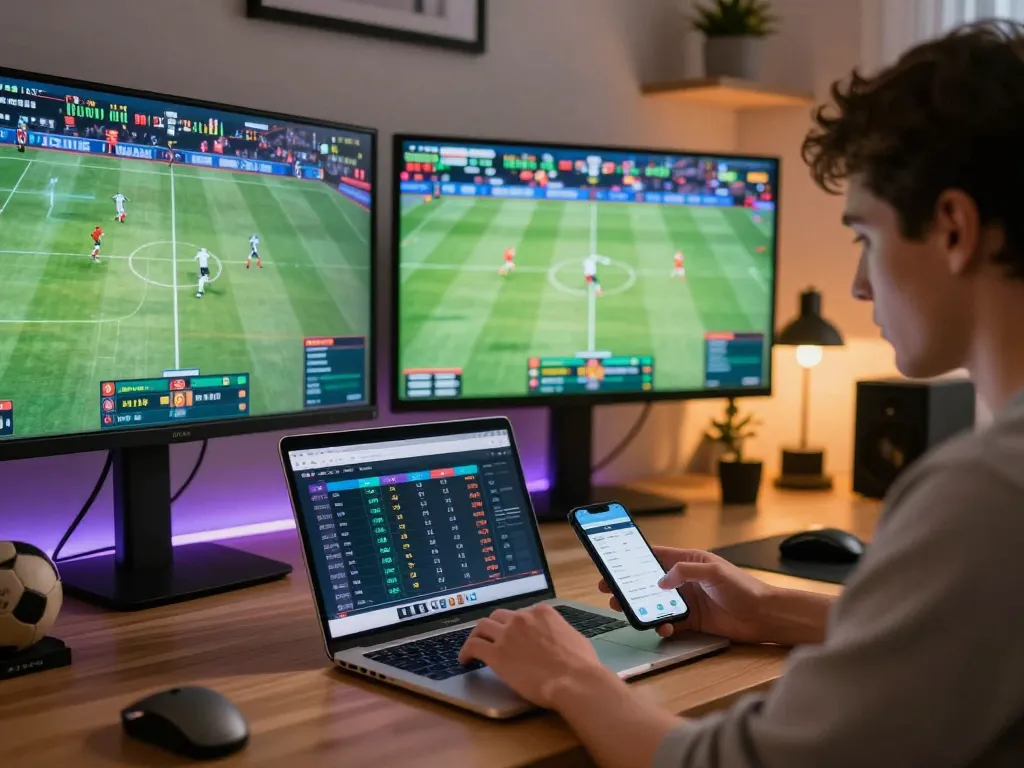 LGO GOAL sports betting action with live games displayed on screens in an engaging home office setup.