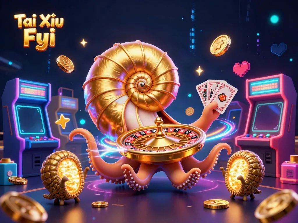 Engage in the thrilling world of Tài Xỉu Fyi with glowing characters and casino elements.